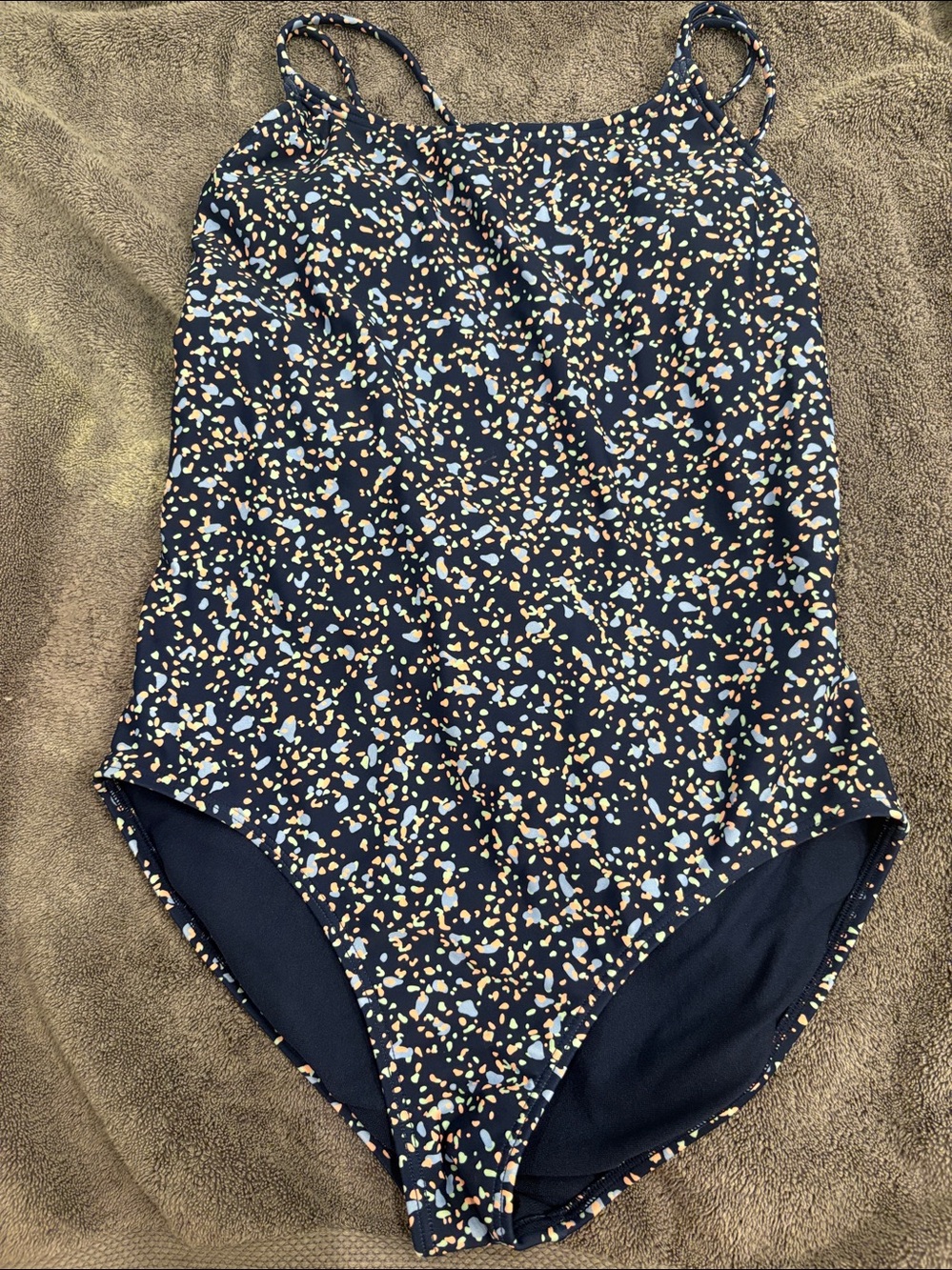 Athleta girls Navy One-Piece Swim with Pink and Light Blue Confetti -orig $60!